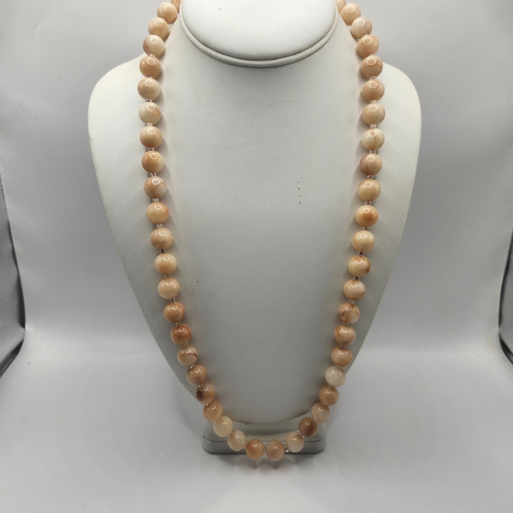 Vintage Polished Beige Swirl Faux Stone Bead Necklace Brass Spring Ring Clasp